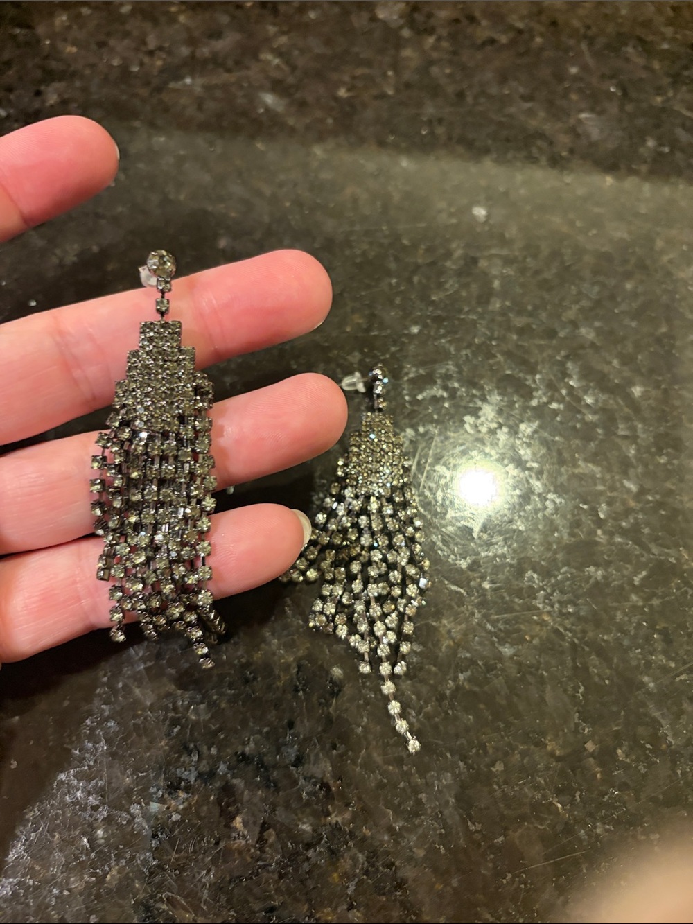 White House Black Market Gunmetal Rhinestone Tassel Drop Earrings